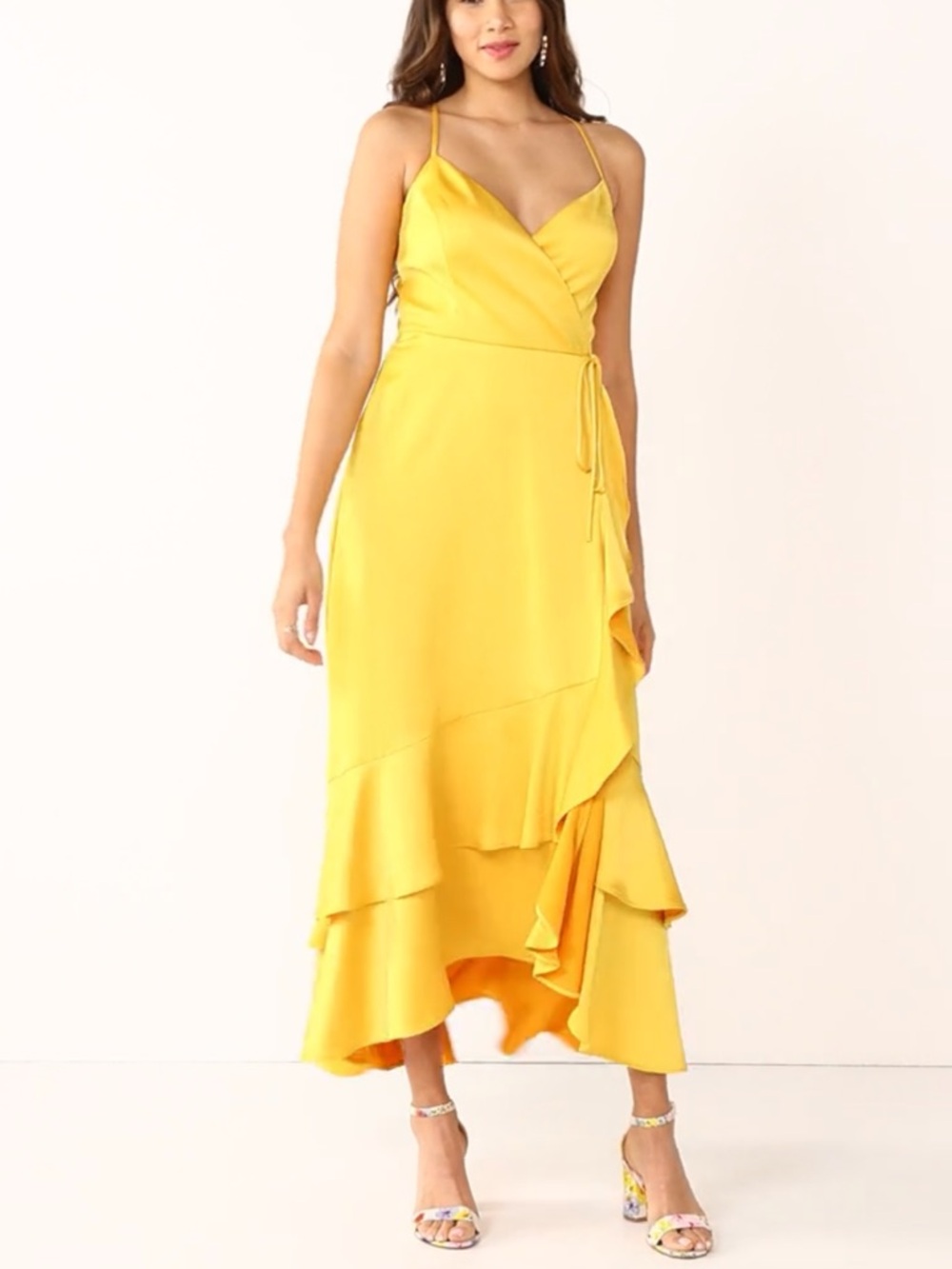 Nine West Strappy Faux Wrap Tie Mustard Ruffle Maxi Dress Ladies Large